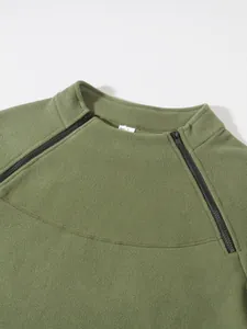 Detail of men's green coral fleece sweatshirt showing stand-up collar and dual zippers