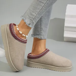 Detailed view of women's thick sole snow boots with embroidered trim and warm faux fur lining.
