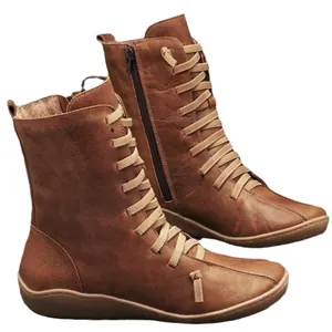 Stylish brown leather lace-up boots for women with side zipper and comfortable flat soles