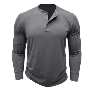 Premium donkergrijs heren Henley shirt met lange mouwen en klassieke knoopsluiting