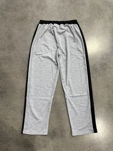 Men's grey heavy cotton sweatpants with black side stripes and straight leg design
