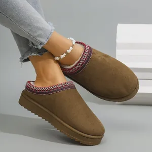 Close-up detail of brown suede snow boots featuring embroidered trim and warm plush lining.