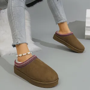 Detail shot of women's warm brown fleece slippers with braided collar and platform sole.