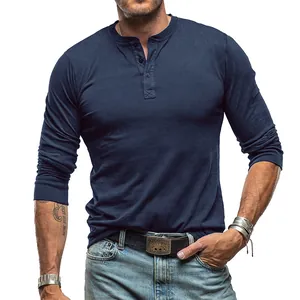 Heren Henley Shirt Lange Mouwen 100% Katoen Effen Kleur Ronde Hals Knoop Pullover Slim Fit Casual T-Shirt Top Voor Lente Herfst