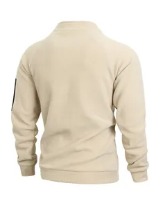 Rear view of a men's slim fit stand collar sweatshirt in soft cream coral fleece