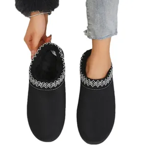 Black women's warm snow boots with white embroidery and thick faux fur lining.