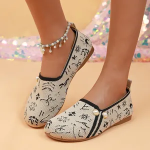 Close-up detail of breathable knit loafers featuring pearl buttons and chic black patterns.