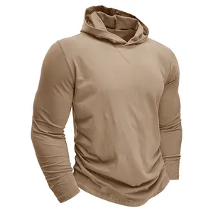 T-shirt à manches longues pour hommes avec capuche en coton doux de couleur kaki