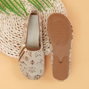 Detail view of women's knitted slip-on flats with pearl accents and wavy rubber sole