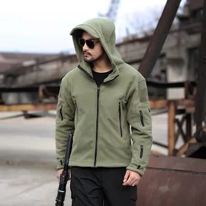 Veste à capuche en polaire tactique vert armée pour hommes avec plusieurs poches zippées pratiques