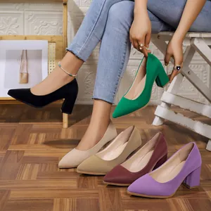 Elegant pointed toe chunky heel pumps in multiple colors for professional office wear
