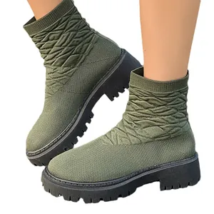 Botines tipo calcetín elásticos verde oliva para mujer con suela de plataforma gruesa