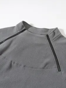 Detail view showing grey coral fleece sweatshirt with unique asymmetrical zippers