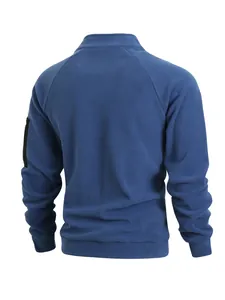 Back view of a men's slim-fit blue stand-up collar coral fleece pullover sweatshirt