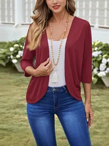 Dames Casual Gebreid Vest Open Voorkant Driekwart Mouw Effen Kleur Polyester Lichtgewicht Trui Jas Voor Herfst Winter