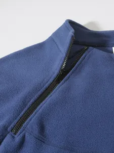 Detailed view of a blue coral fleece sweatshirt zipper and soft material texture