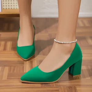 Elegant green pointed-toe block heel pumps for professional office and formal wear