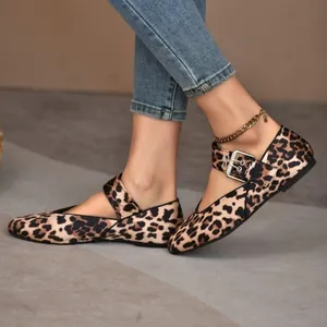 Chic ballet-style leopard print Mary Jane flat shoes with adjustable metal buckle strap