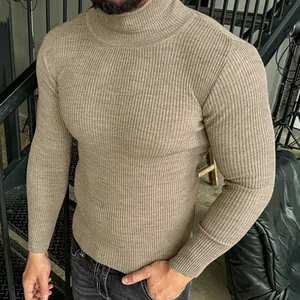 Pull à Col Roulé Nervuré pour Hommes Coupe Ajustée Acrylique Couleur Unie Manches Longues Muscle Knit Haut pour Automne Hiver