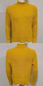 Vues détaillées avant et arrière d'un pull à col roulé jaune pour homme en maille côtelée