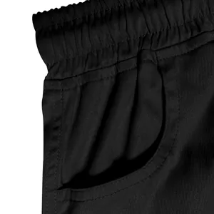 Close-up detail showing the elastic waistband and curved side pocket of black cargo pants