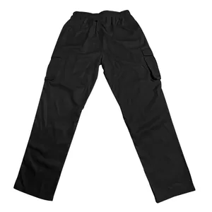 Men's loose straight-leg black cargo pants with multiple pockets and drawstring