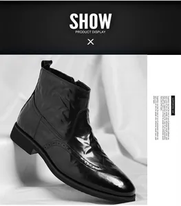 Detailed side view of black leather Chelsea boot with unique hand-crinkled texture and brogue