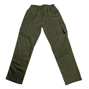 Back view of men's olive green cargo pants with elastic drawstring waist and large side pockets