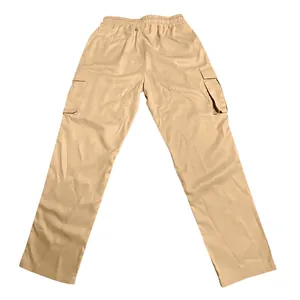 Detailed back view of khaki men's cargo pants featuring elastic waist and utility pockets.