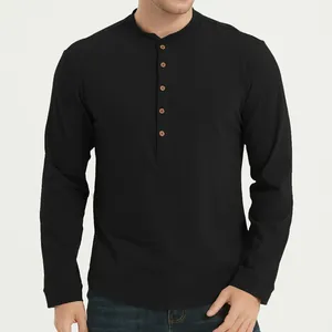 Men's black long-sleeve Henley T-shirt featuring a slim fit and button neck detail.