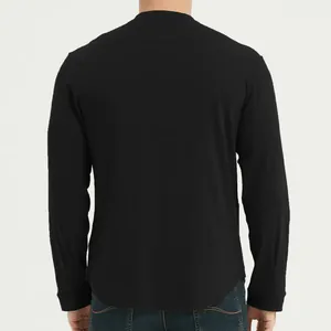 Back view of a breathable men's plain black slim fit long-sleeved Henley t-shirt.