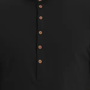 Close-up of the five-button placket on a black men's long-sleeve Henley shirt.
