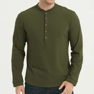 Close-up front view of a slim fit men's olive green long sleeve Henley T-shirt