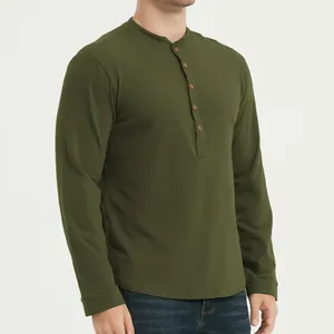 Detailed view of a men's slim fit long sleeve Henley shirt in breathable olive green fabric