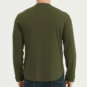 Rear view of a men's slim fit long sleeve olive green breathable T-shirt with curved hem