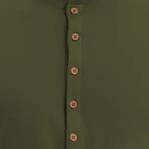 Detailed macro view of the olive green Henley shirt featuring natural wooden buttons