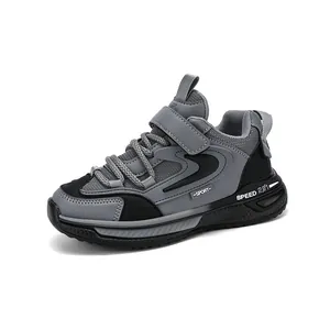 Durable grey and black leather sneakers for boys, lightweight children's sports shoes