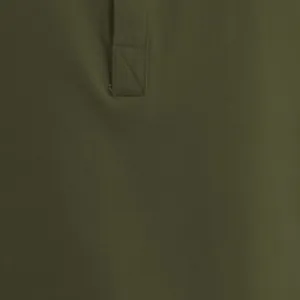 Detail shot of a dark olive green Henley t-shirt featuring reinforced placket stitching.