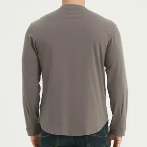 Back view of a plain grey men's long-sleeved slim-fit t-shirt with curved hem.