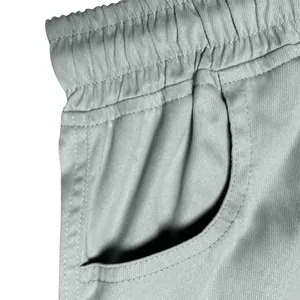 Detailed close-up of elastic waistband and pocket on men's gray casual cargo pants