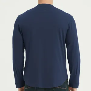 Rear view of a navy blue slim-fit long-sleeve Henley shirt for men on white background