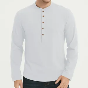 Close-up front detail of white slim-fit long-sleeved Henley shirt featuring wooden buttons