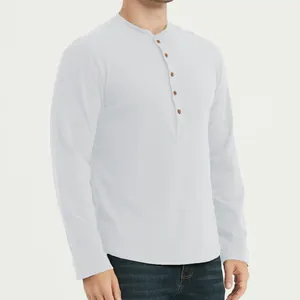 Side view of men's white long-sleeve Henley shirt featuring five-button placket.