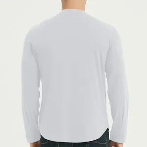 Back view of a slim fit men's long sleeve white T-shirt with a stylish curved hemline