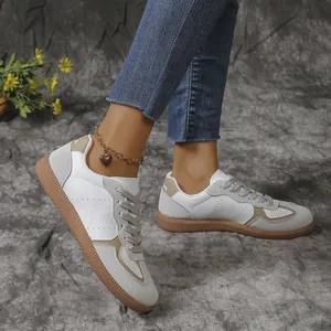 Dames Retro GAT Stijl Casual Sneakers PU Leer Kleurblok Veterschoenen Platte Skateschoenen Ademende Zachte Zool Sneakers