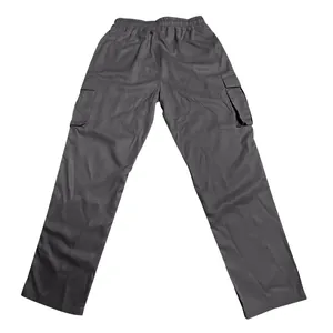 Front view of gray men's straight-leg cargo pants with elastic waist and side pockets