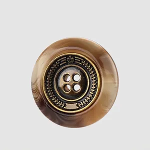 Retro Round Resin Buttons With Metal Inlay Four Hole Marble Pattern Sewing Buttons For Suit Coat Jacket Apparel Accessories