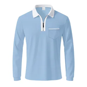 Detailansicht eines hellblauen Langarm-Poloshirts mit weißem Kragen und Reißverschluss