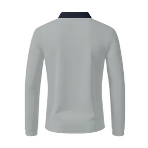 Rückansicht eines grauen Langarm-Poloshirts aus atmungsaktivem und schnell trocknendem Stoff