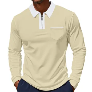 Detailansicht eines beigen Langarm-Poloshirts für Herren mit weißem Reißverschlusskragen